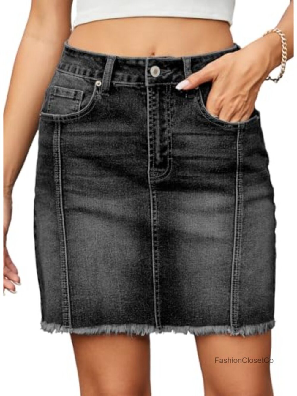 High Waist Seam Line Denim Skirt Button-Down Raw Hem Stretch Cotton Blend Women